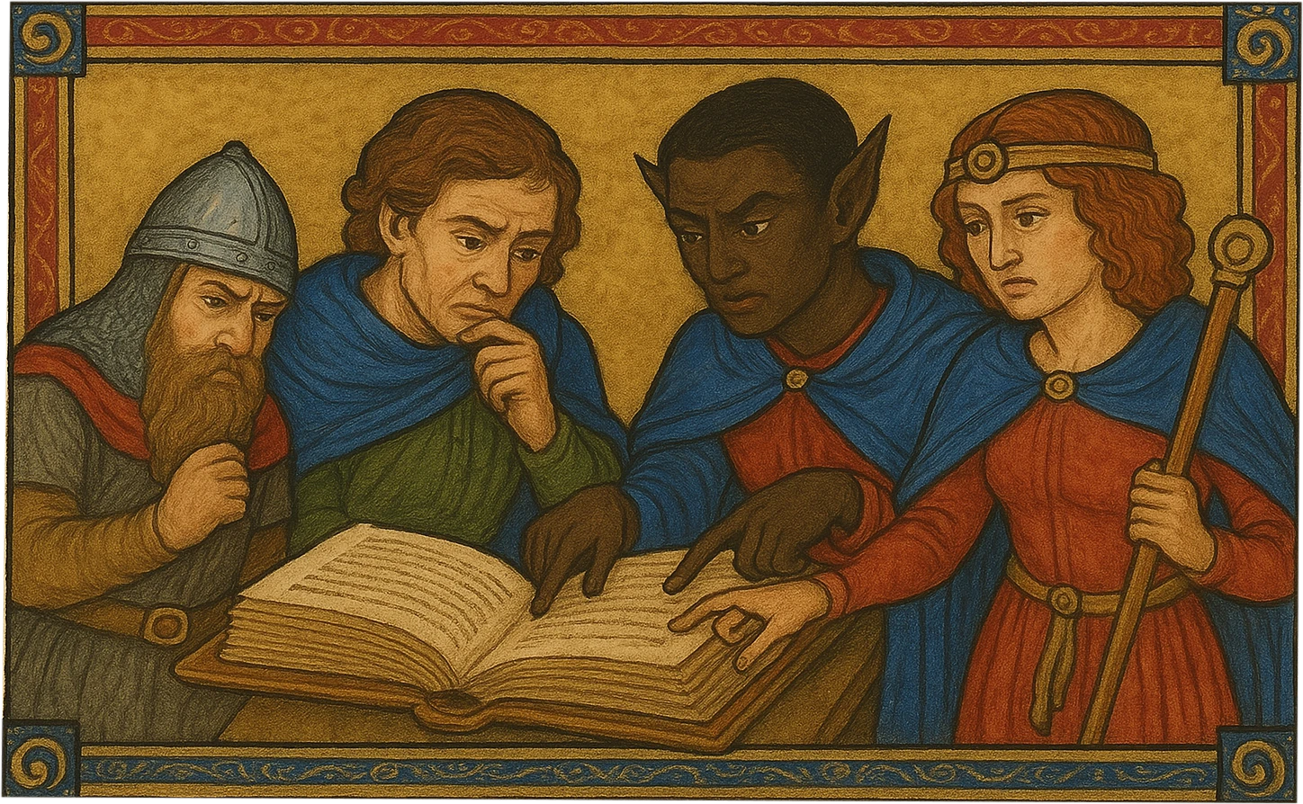 A puzzled party of adventurers poring over a scroll